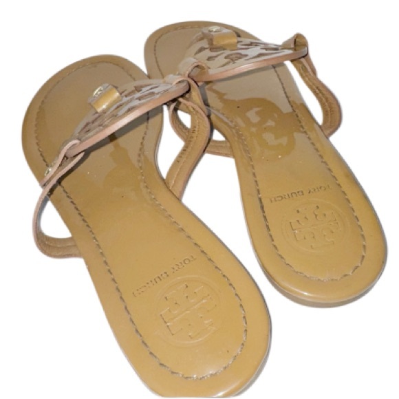 Tory Burch Miller Patent Leather Sandals Sz 9 Camel Summertime Casual - Picture 4 of 10